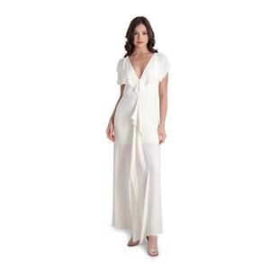 BCBG MAXAZRIA Sz 6 Ivory Ruffle Cascade V-Neck Front Slit Gown $298 Wedding Flaw